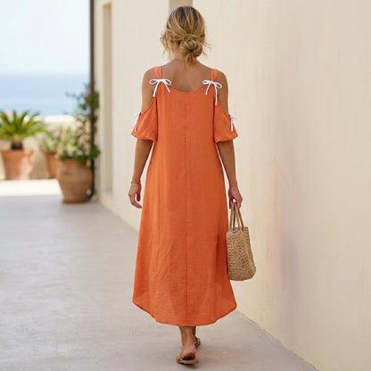 Bohemian Off-Shoulder Dress with Asymmetrical Hem and Breezy Silhouette