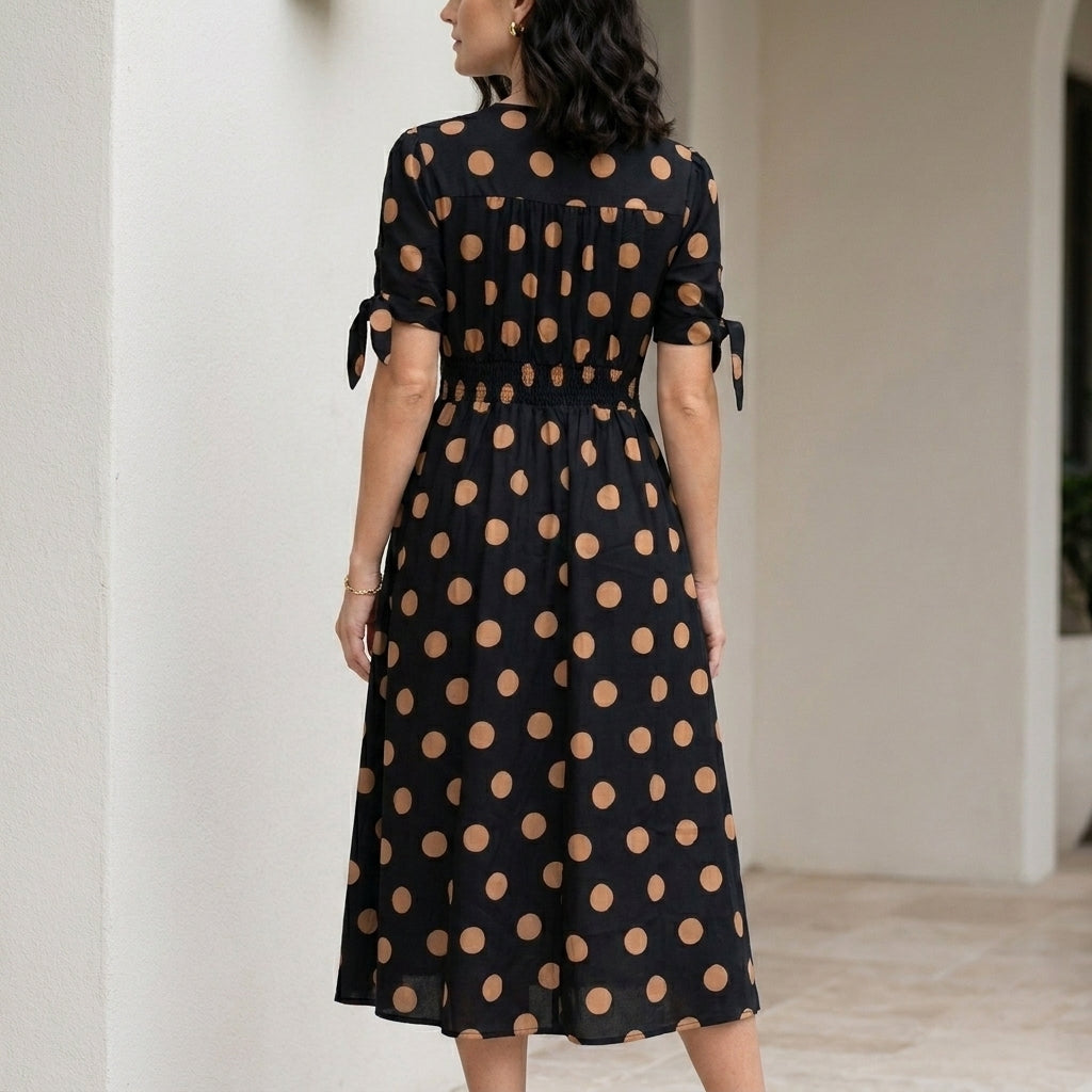 Graceful Polka Dot Midi Dress with Button Front Detail