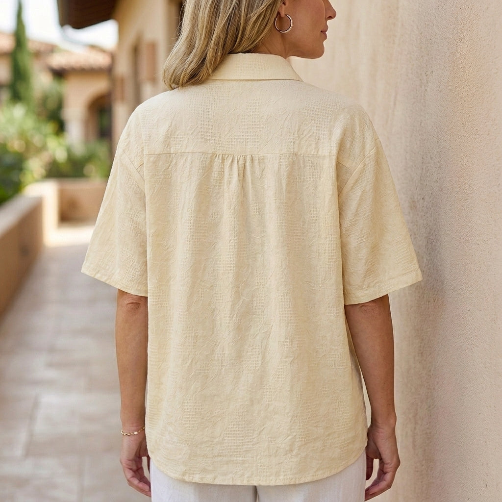 Embroidered Button-Up Blouse with Relaxed Fit and Artistic Floral Detail