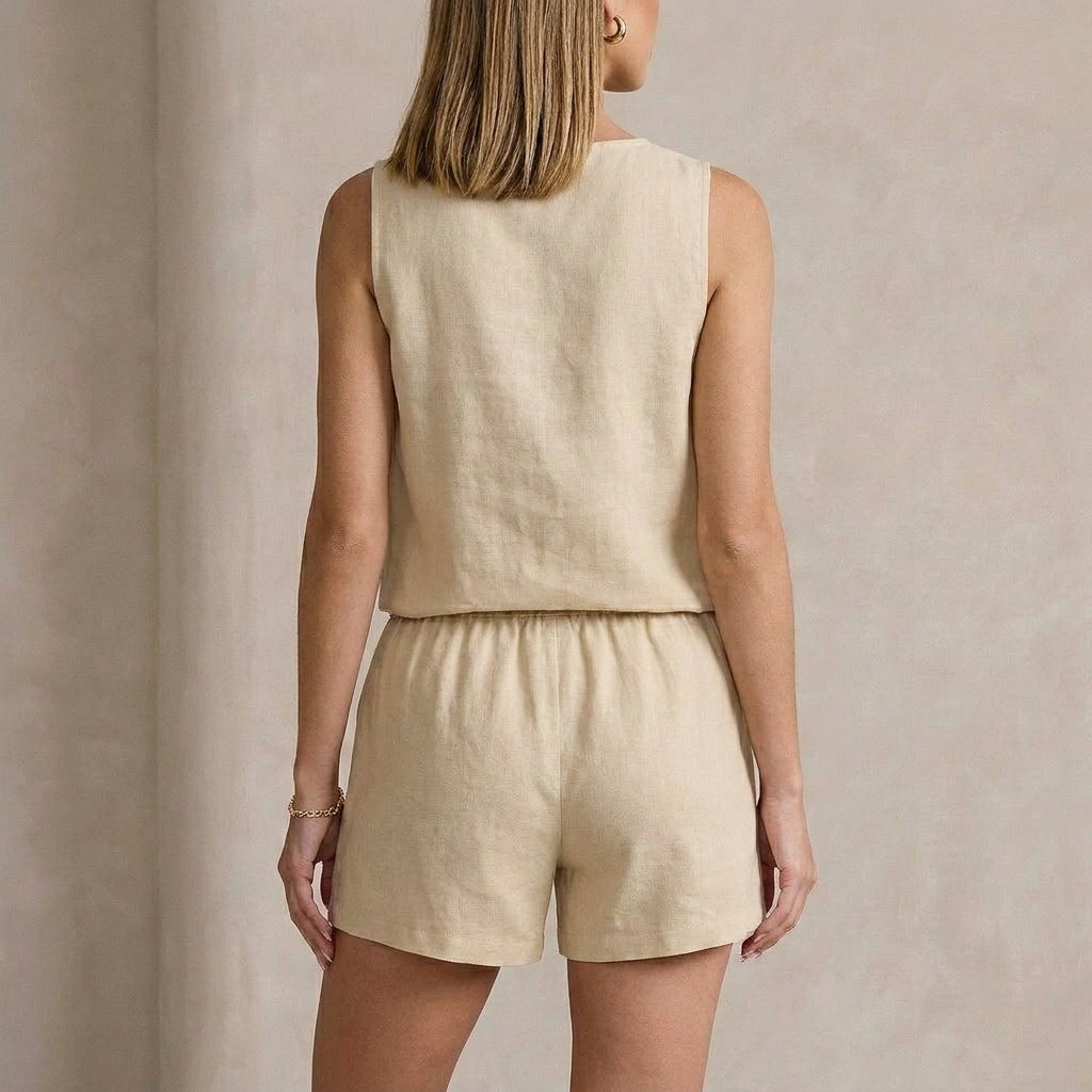 Textured Woven Sleeveless Button-Front Vest and Shorts Set