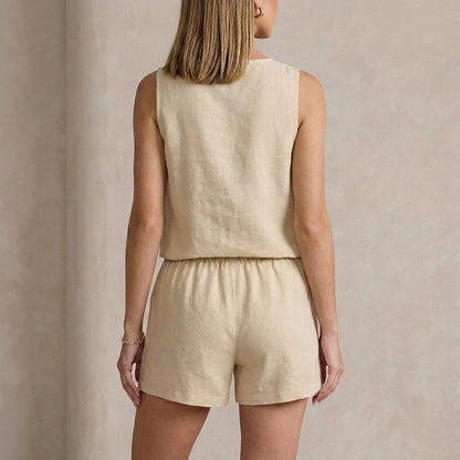 Textured Woven Sleeveless Button-Front Vest and Shorts Set
