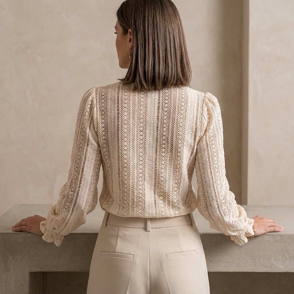 Lace Knit Blouse with Romantic Relaxed V-Neck Silhouette