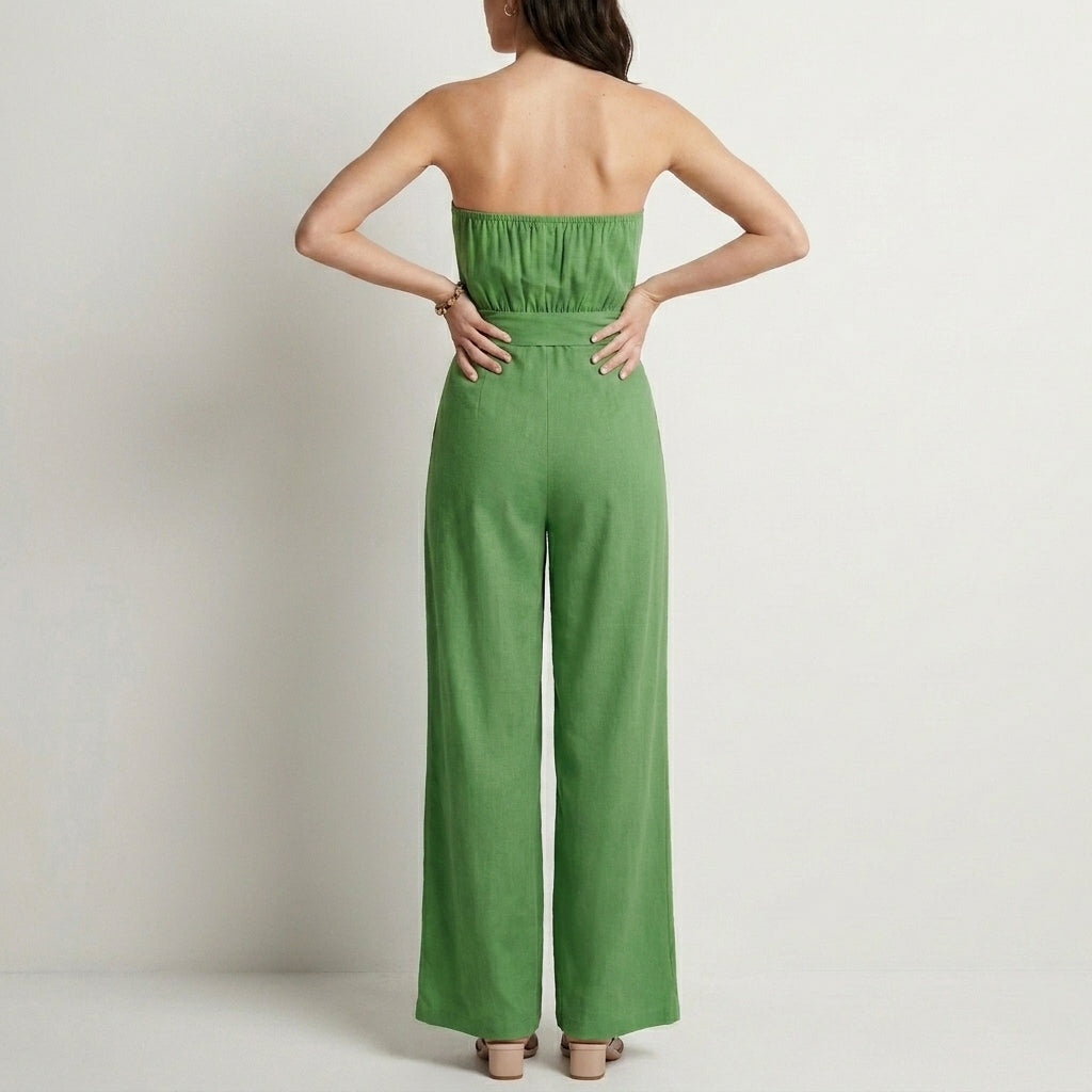 Strapless Wide-Leg Jumpsuit with Waist Tie
