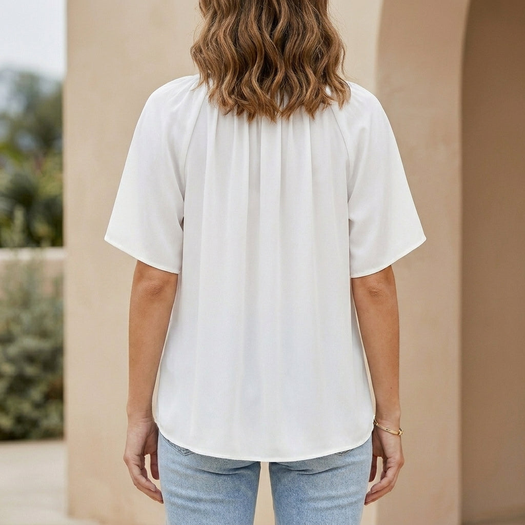 Relaxed V-Neck Blouse with Gathered Neckline and Flutter Sleeves