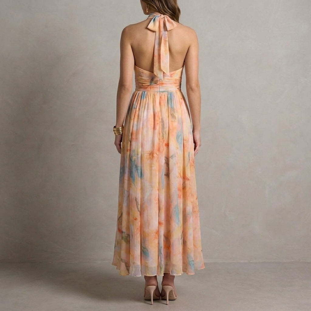 Ariellea Flowing Chiffon Halter Neck Maxi Dress with Waist Tie