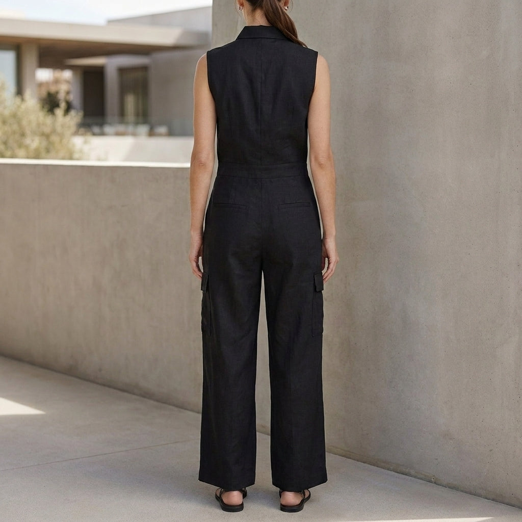 Tailored Sleeveless Utility Jumpsuit with Wide-Leg Silhouette and Collar