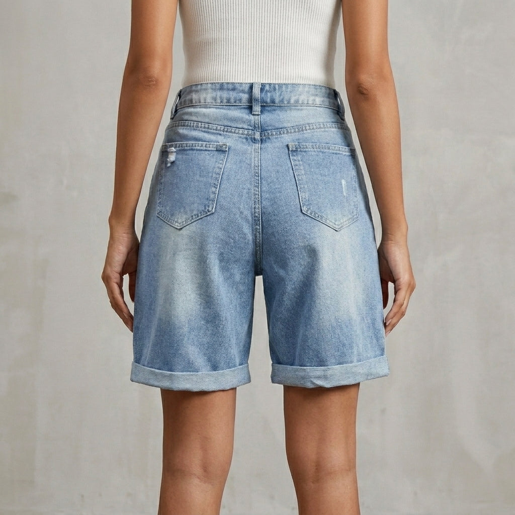 High-Waisted Relaxed Fit Shorts with Cuffed Hems and Distressed Accents