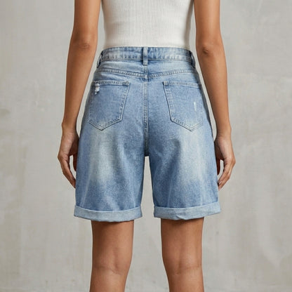 High-Waisted Relaxed Fit Shorts with Cuffed Hems and Distressed Accents