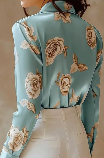 Tailored Satin Double-Breasted Blouse with Notched Lapels and Floral Print