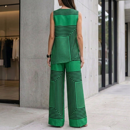 Loose Sleeveless Top with Asymmetrical Hem and Wide-Leg Pants Set