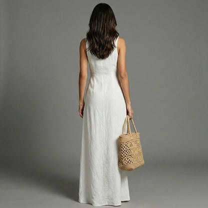 Sleeveless Button Front Maxi Dress with Elegant Tailored Resort Silhouette