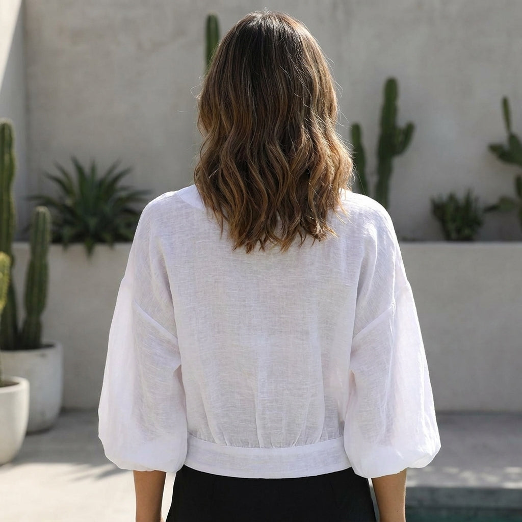 Breezy Cropped Blouse with Voluminous Balloon Sleeves