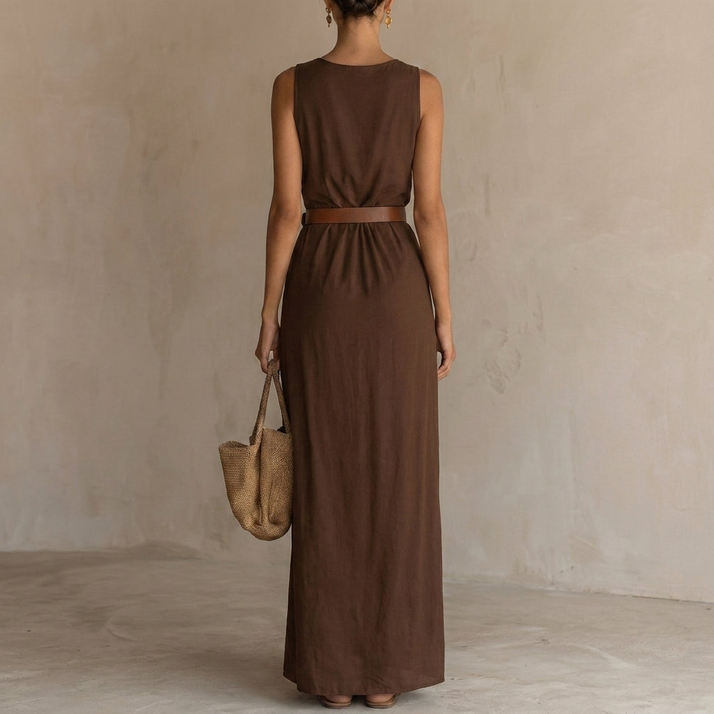 Flowing Cowl Neck Sleeveless Maxi Dress with Draped Belted Waist