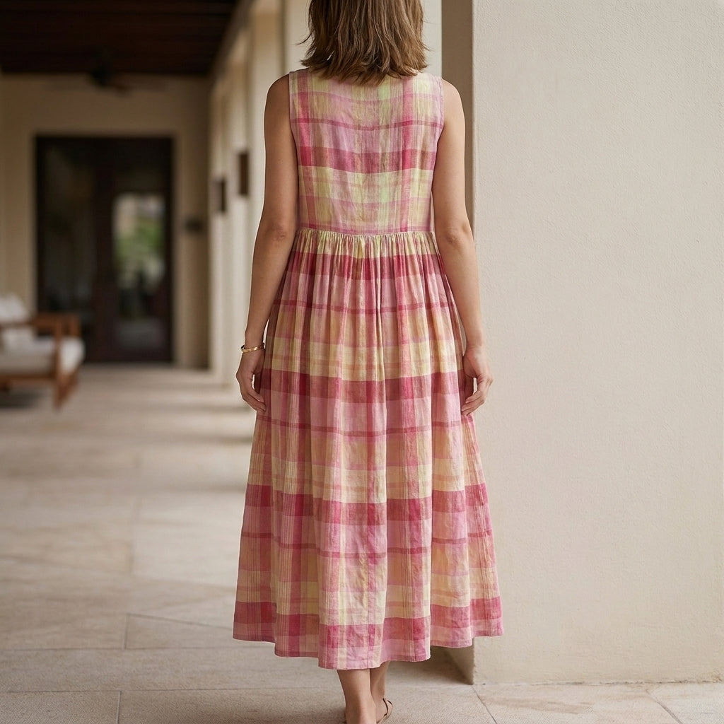 Sunset Picnic Plaid Sleeveless Maxi Dress with Flowing Gathered Skirt