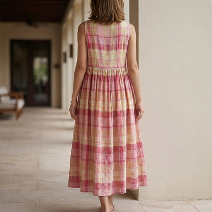 Sunset Picnic Plaid Sleeveless Maxi Dress with Flowing Gathered Skirt