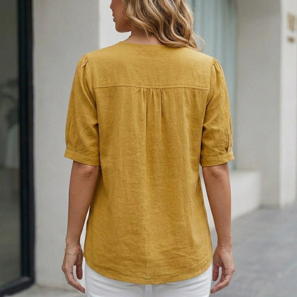 Relaxed Button-Up Blouse with Soft Short Sleeves and Front Pocket