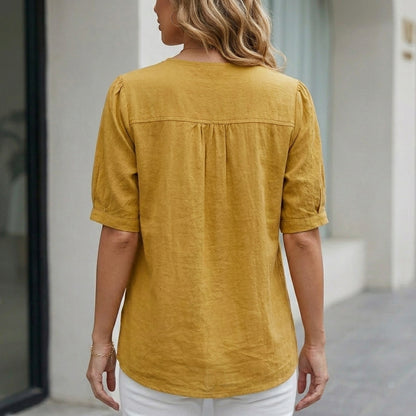 Relaxed Button-Up Blouse with Soft Short Sleeves and Front Pocket