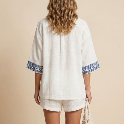Bohemian Two-Piece V-Neck Tunic and Shorts Set with Geometric Accents