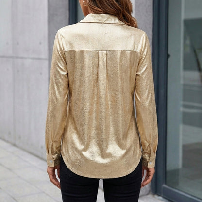 Relaxed Fit Shimmering Button-Down Blouse with Classic Collar