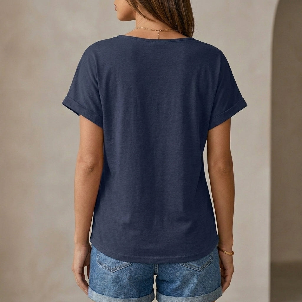 Relaxed V-Neck Lace-Embroidered Short Sleeve Knit Top