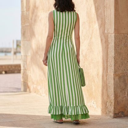 Resort Stripe Sleeveless Maxi Dress with Ruffle Hem