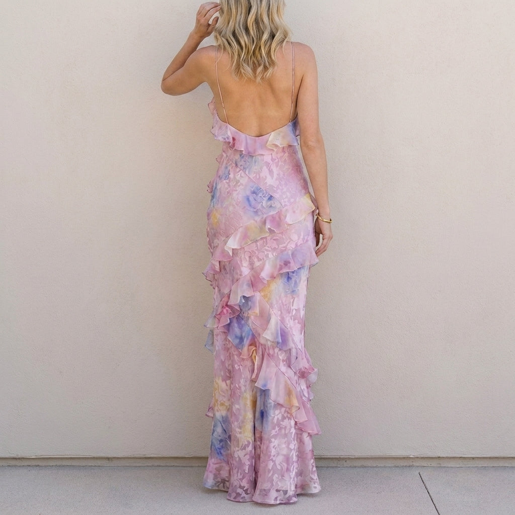 Pastel Bloom Ruffle Trim Mermaid Maxi Dress