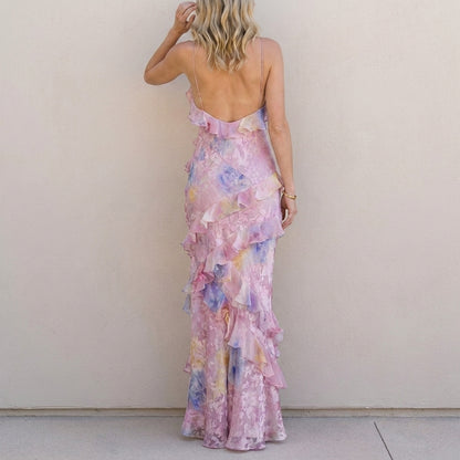 Pastel Bloom Ruffle Trim Mermaid Maxi Dress