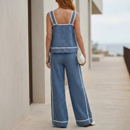 Coastal Stripe Sleeveless Top and Wide-Leg Pant Set