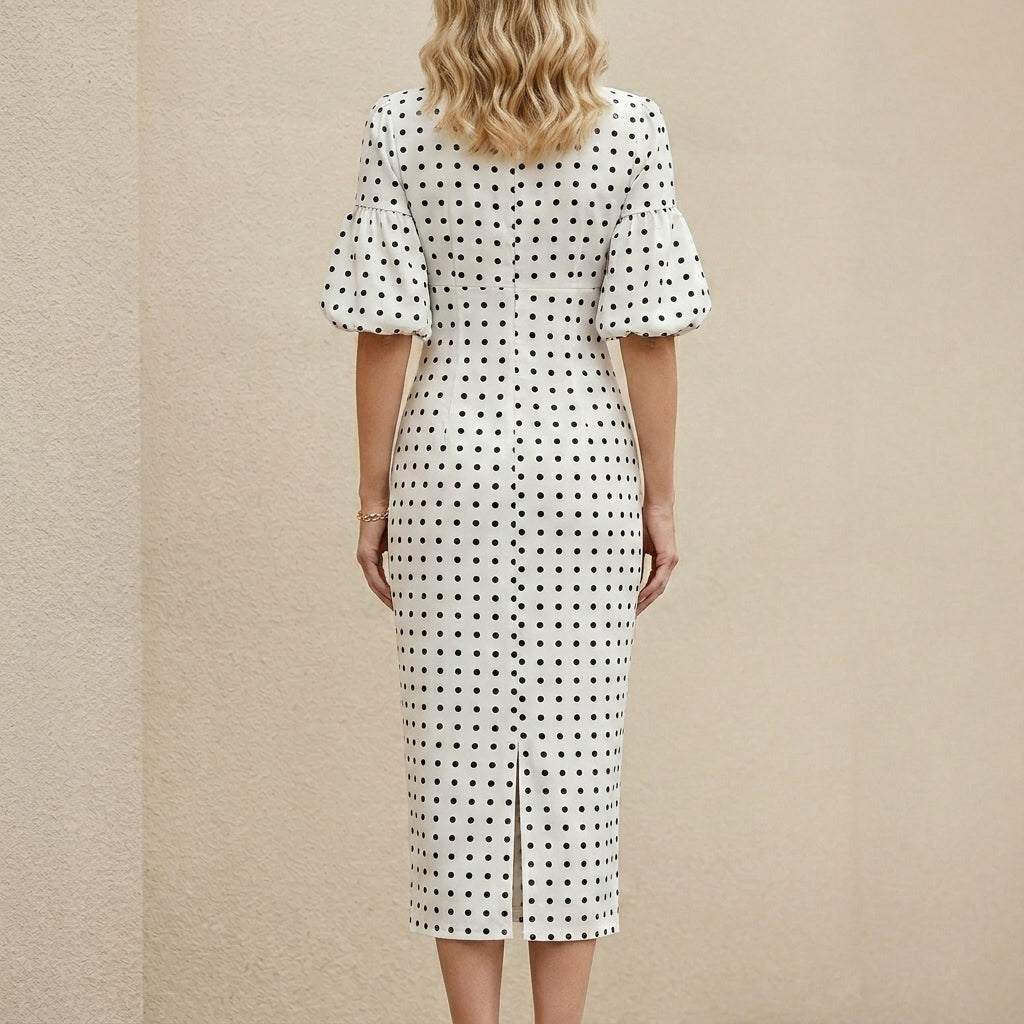 Parisian Charm Polka Dot Lace Trim Midi Dress