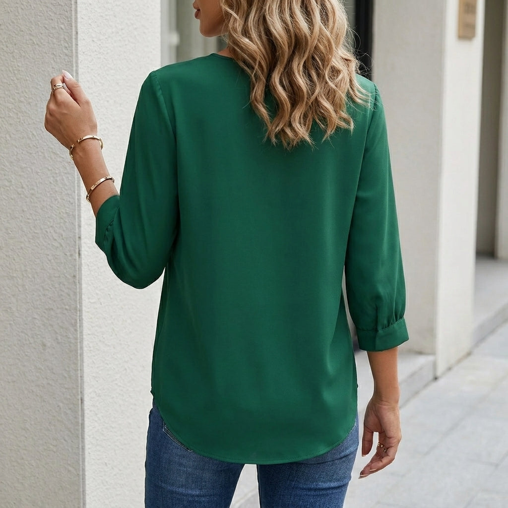 Relaxed Fit Blouse with Notched Collar and Gathered Puff Sleeves