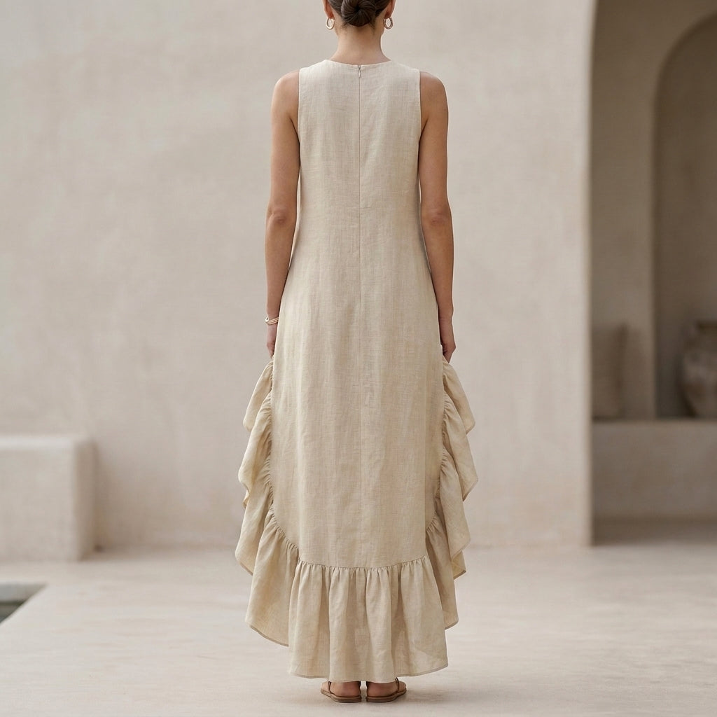Flowing Sleeveless Maxi Dress with Dramatic Ruffle Hem and Pockets