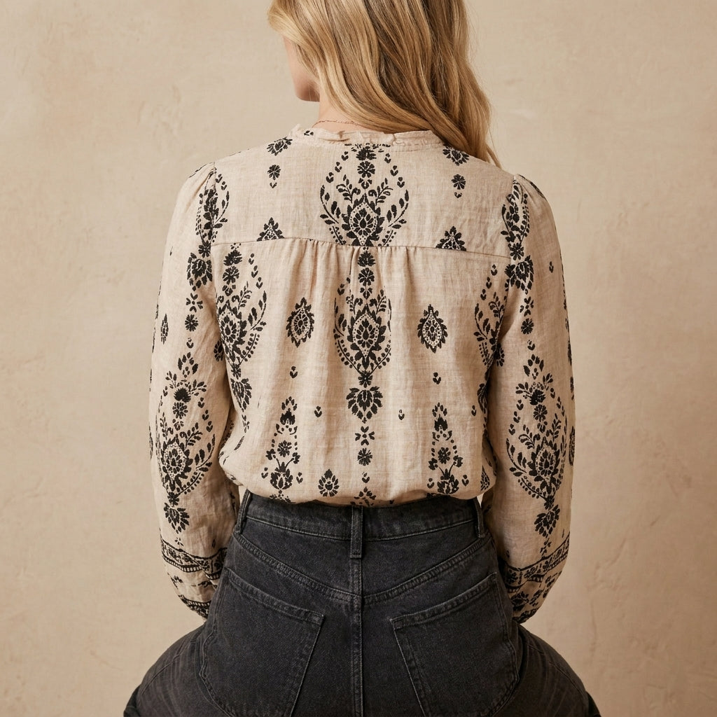 Flowing French-Style Printed Blouse with Mandarin Collar and Gathered Cuffs