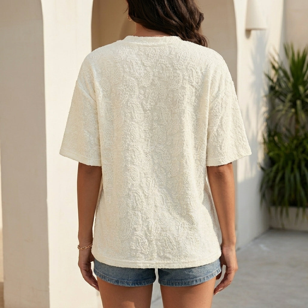 Textured Relaxed Fit Tee with Subtle Floral Pattern