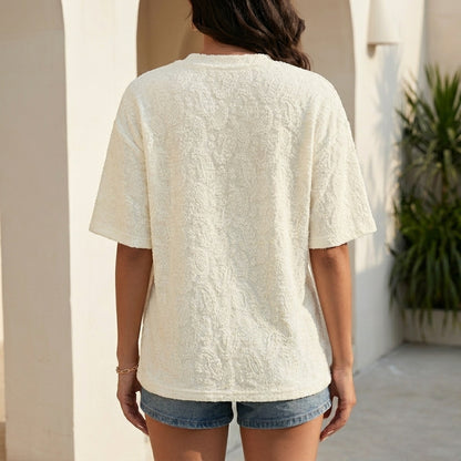 Textured Relaxed Fit Tee with Subtle Floral Pattern