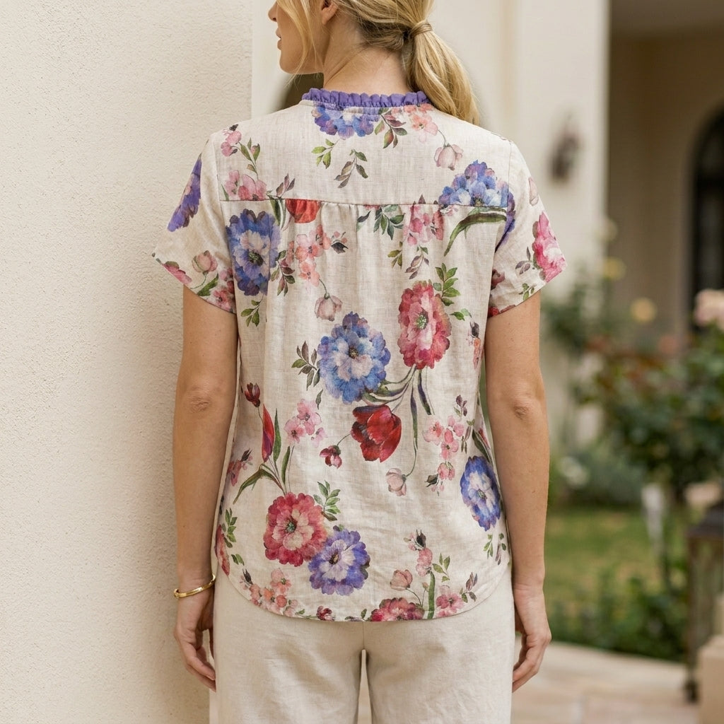 Floral Tie Neck Blouse with Soft Ruffle Collar Detail