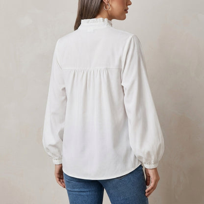 Relaxed Fit Puff Sleeve Blouse with Ruffled Split Neckline