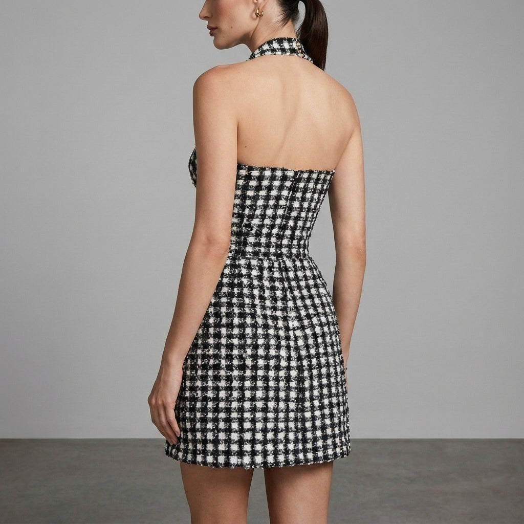 Structured Plaid Halter Mini Dress with Sweetheart Neckline and Waist-Cinching Fit