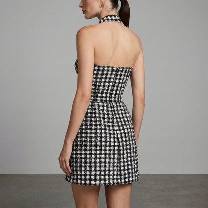 Structured Plaid Halter Mini Dress with Sweetheart Neckline and Waist-Cinching Fit