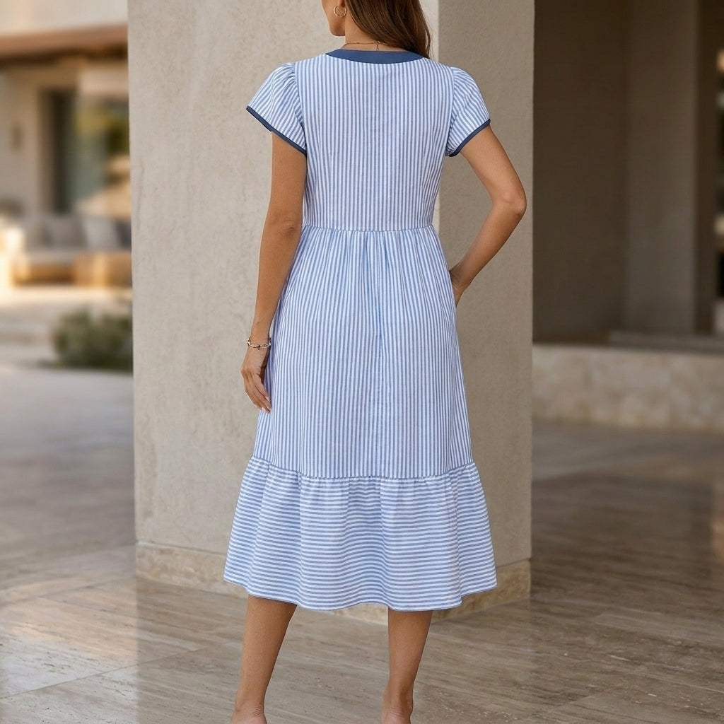 A-Line Midi Dress with Double Ruffle Sleeves and Contrasting Trim