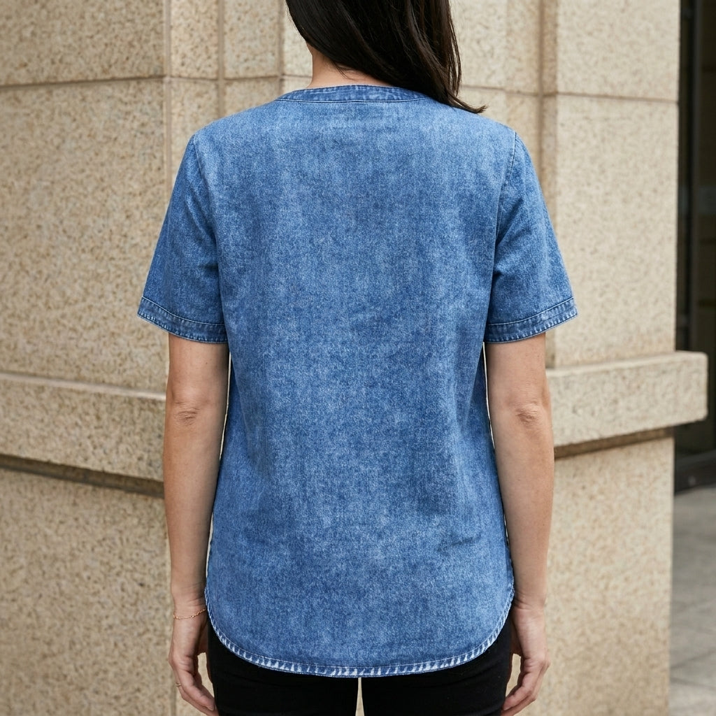 Relaxed Button-Front Denim Look Tunic Top