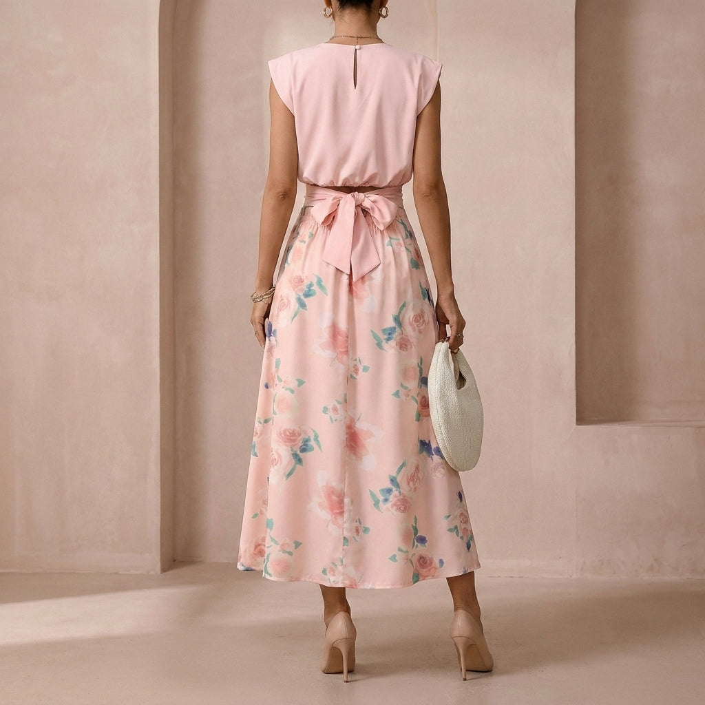 Graceful Two-Piece Set with Round Neck Top and Pleated Midi Skirt