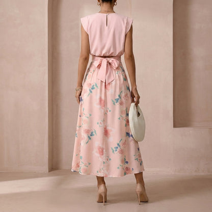 Graceful Two-Piece Set with Round Neck Top and Pleated Midi Skirt