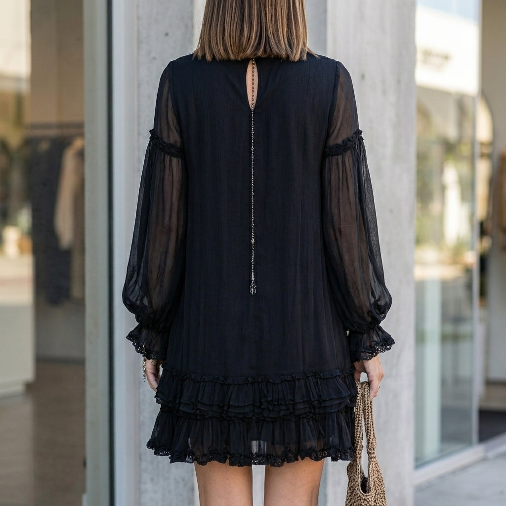 Flowing V-Neck Ruffle Mini Dress with Billowy Balloon Sleeves