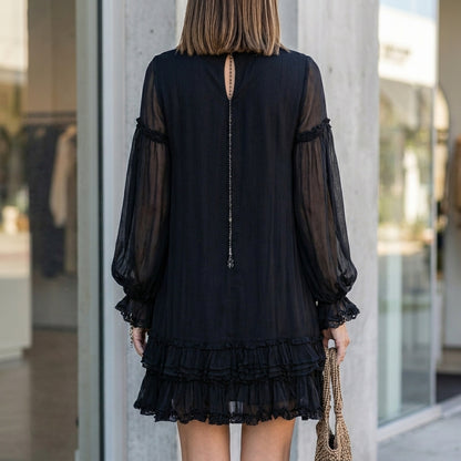 Flowing V-Neck Ruffle Mini Dress with Billowy Balloon Sleeves