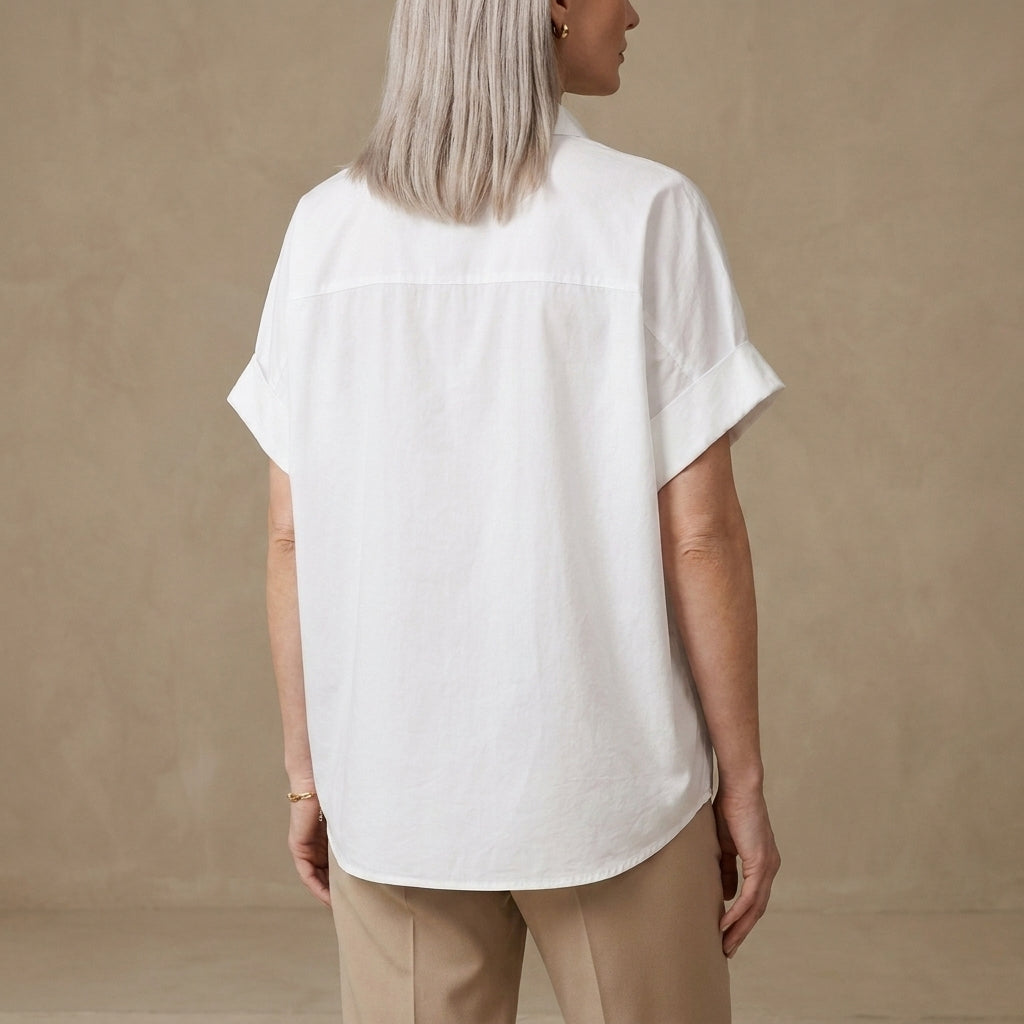 Relaxed Oversized Collared Blouse with Rolled Short Sleeves