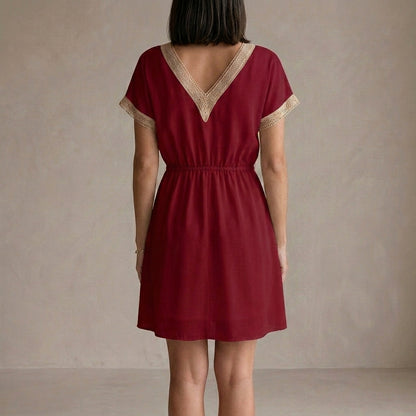 Lightweight Lace-Trimmed Mini Dress with Cinched Waist and V-Neckline