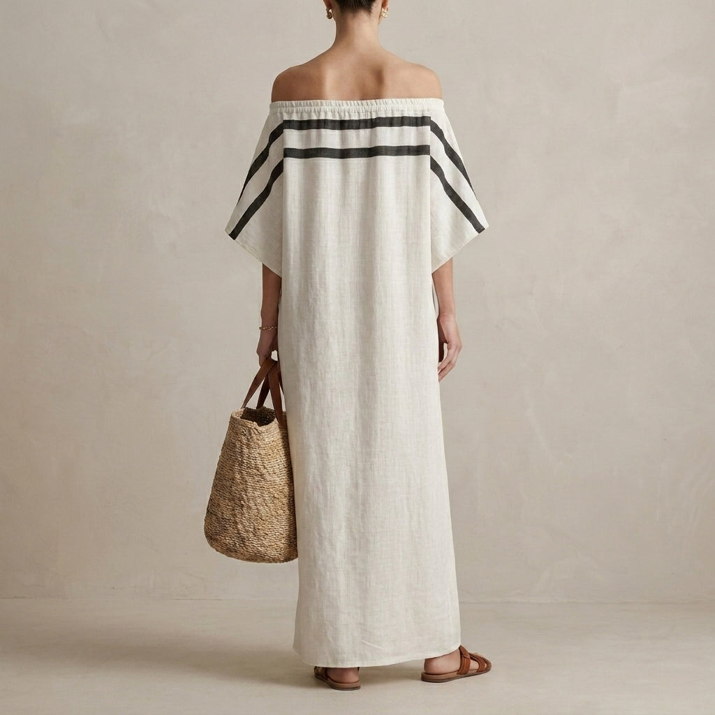Oversized Off-Shoulder Striped Maxi Dress with Draped Sleeves