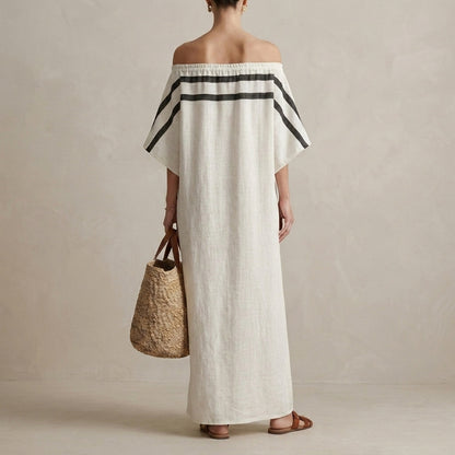 Oversized Off-Shoulder Striped Maxi Dress with Draped Sleeves