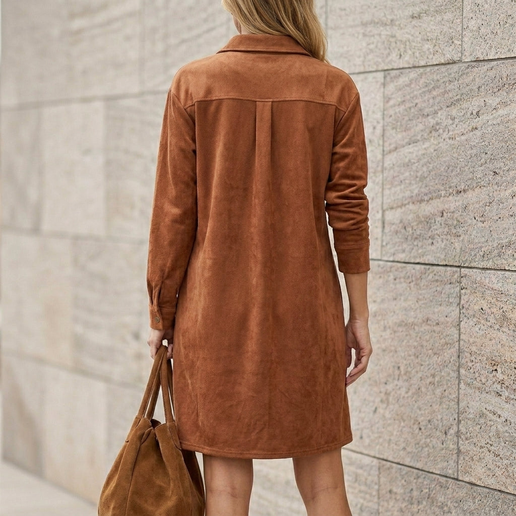 Oversized Embroidered Shirt Dress with Deep V-Neck and Structured Draping