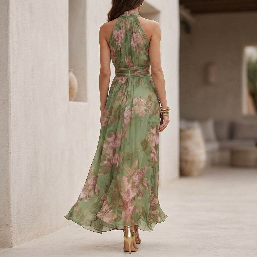 Ethereal Halter-Neck Maxi Dress with Pleated Bodice and Flowing Silhouette